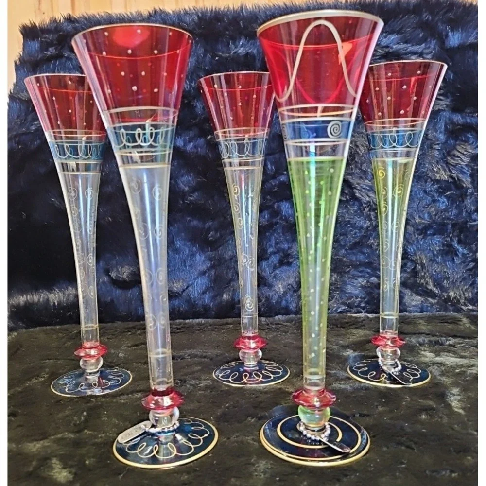 Vintage Pier 1 5-Glass Champagne Flutes Hand Painted & Blown 3-rings 8Pc. 11.5